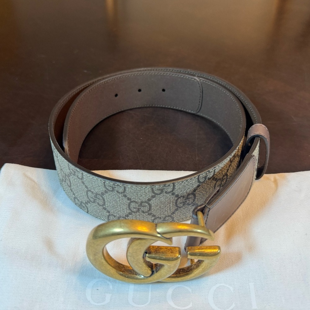 New Authentic Gucci GG Logo Leather Belt Brown Tan Size 32 Fits Waist 30 - 32 - Picture 2 of 13